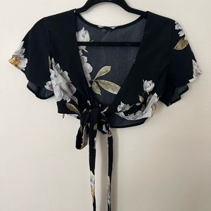 Floral tie-front cropped blouse